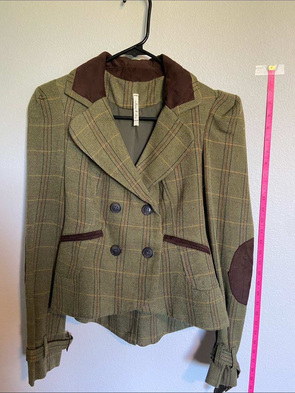 Willow & Clay Olive Green Plaid Double-Breasted Riding Jacket with Brown Accents
